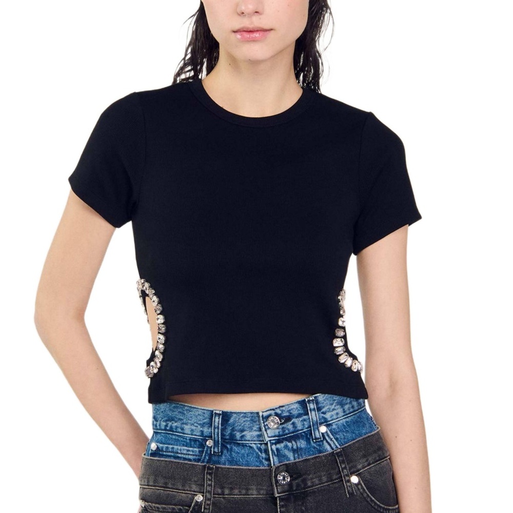 SANDRO Electric Embellished Cutout Rib Top in Black